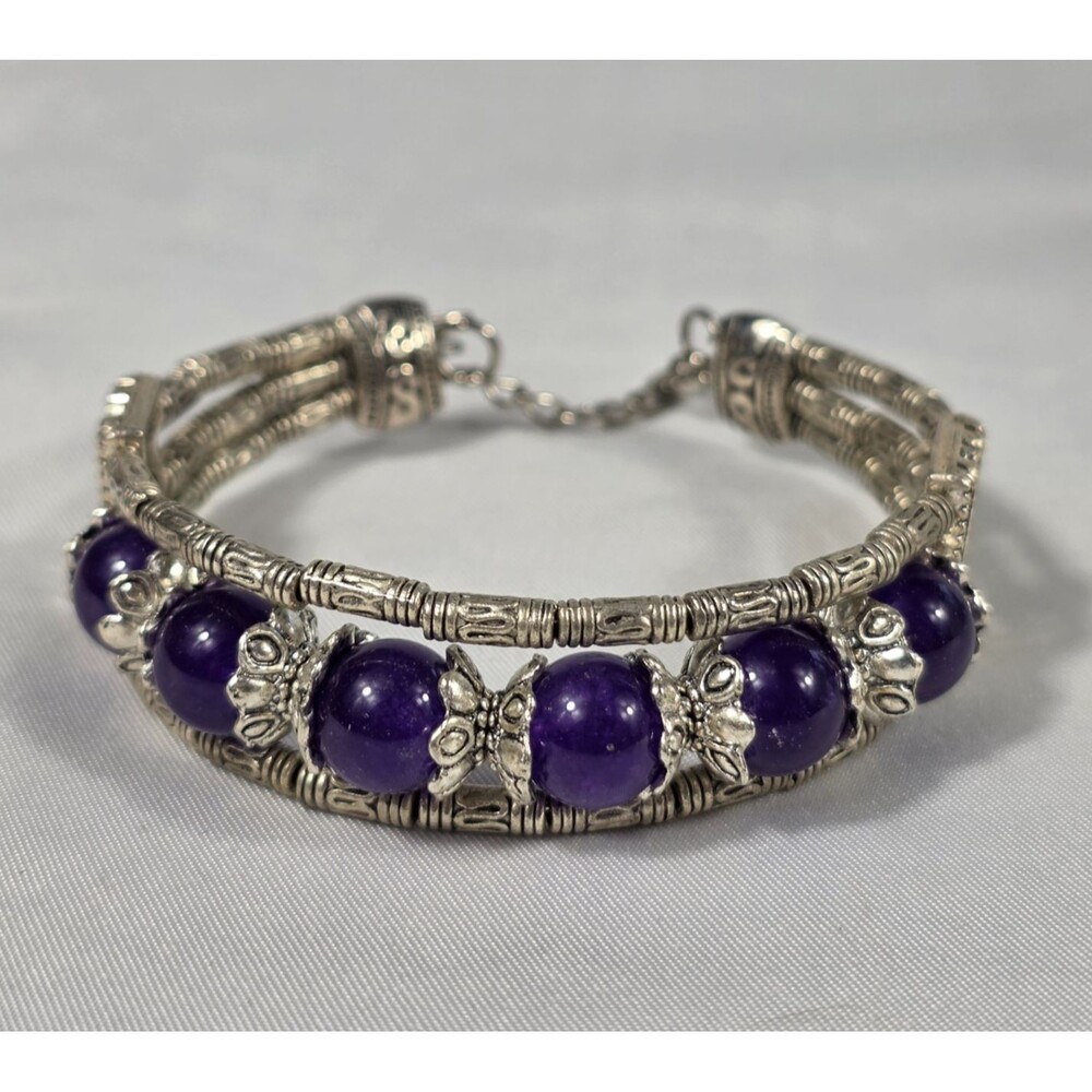 Beaded Cuff Bracelet Vibrant Purple Stones with Intricate Metalwork Frame